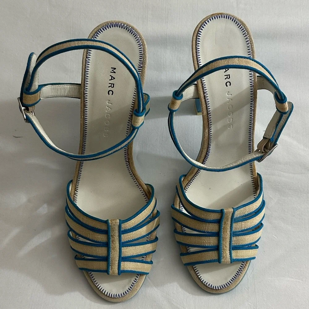 MAC Jacobs Canvas Blue and Cream Pattern Strappy Heel Sandals Size 8.5 - Picture 3 of 8